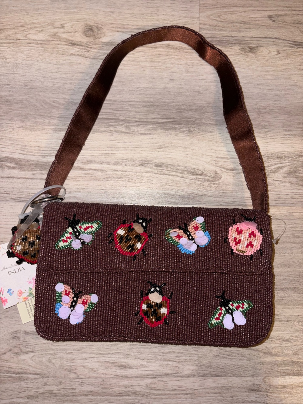 India Beaded Brown Bag Insects Ladybugs Butterflies w/ Ladybug Bag Charm